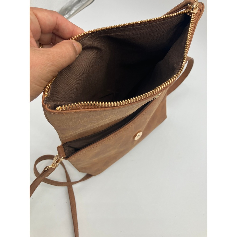 Unbranded Brown Faux Leather Crossbody Bag Fold Over Zipper Gold Tone Hardware - Picture 7 of 7